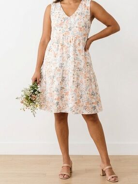 Unbranded Floral Sleeveless V-Neck Tiered Midi Dress Peach Ivory Boho 🤩